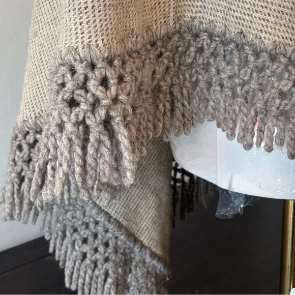 Handmade Beige Knit Wool Blend Poncho with Fringe - Picture 9 of 11